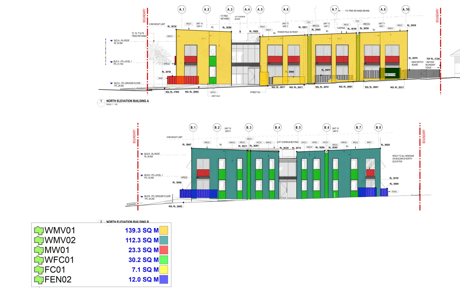 Building elevations marked up by finish, with the area of each finish in the legend