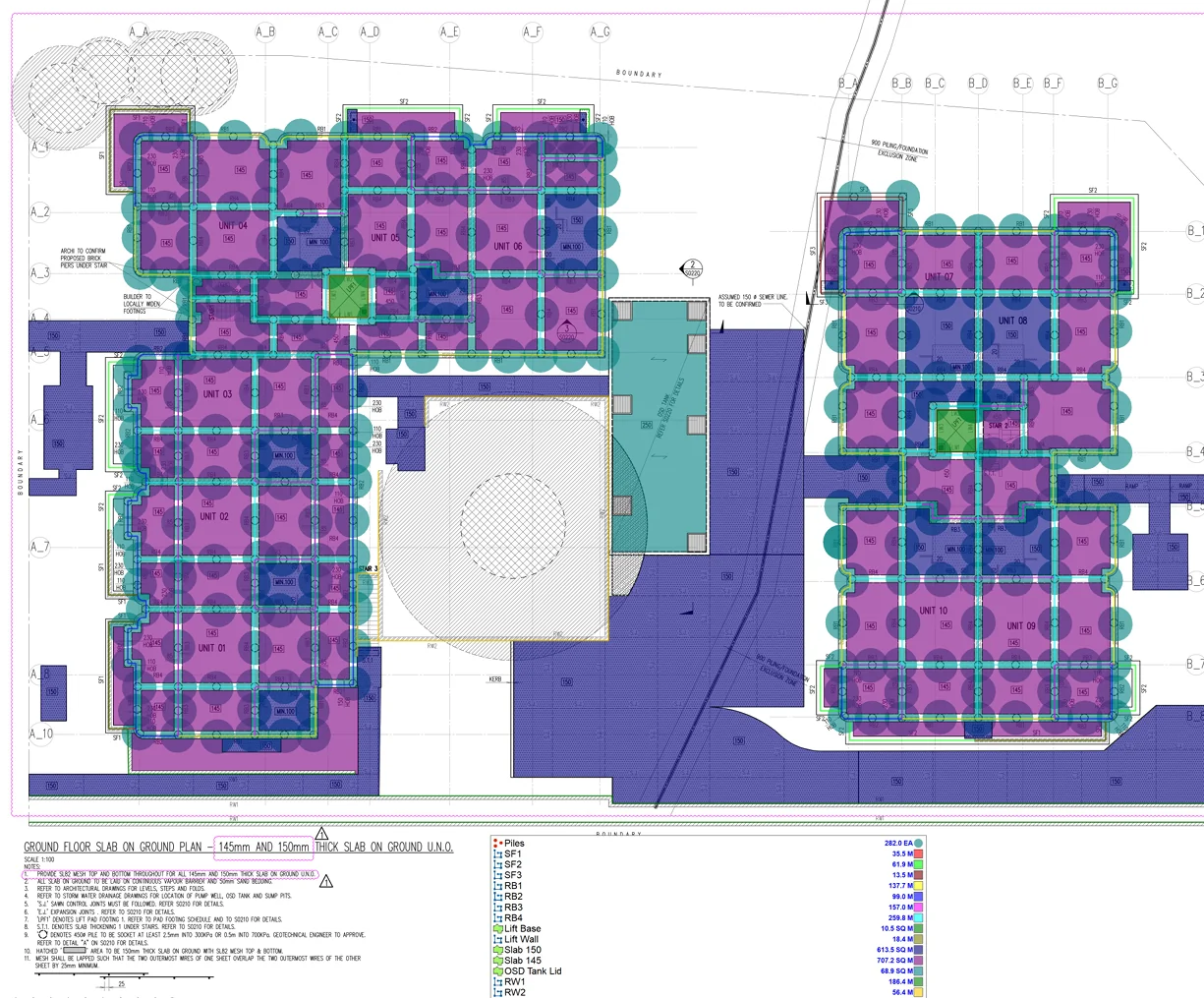 A ground floor slab plan marked up by our estimators, with every pile, footing, beam and slab coloured and measured